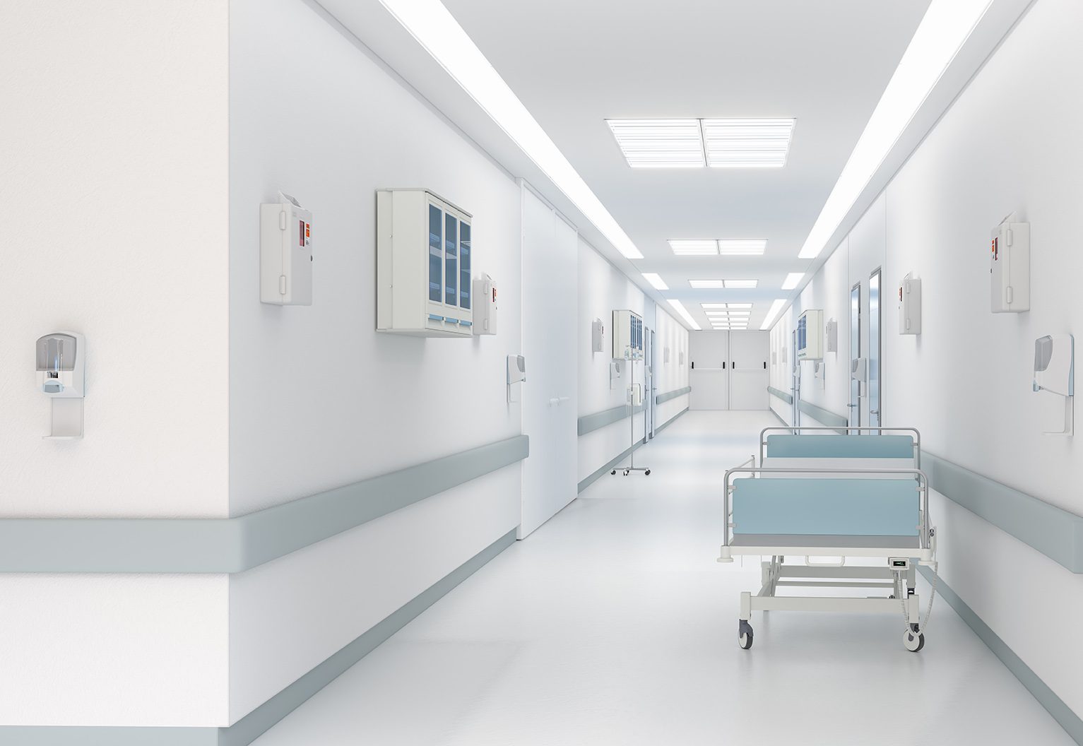 Long,Corridor,With,Medical,Bed,In,Modern,Hospital.,3d,Illustration